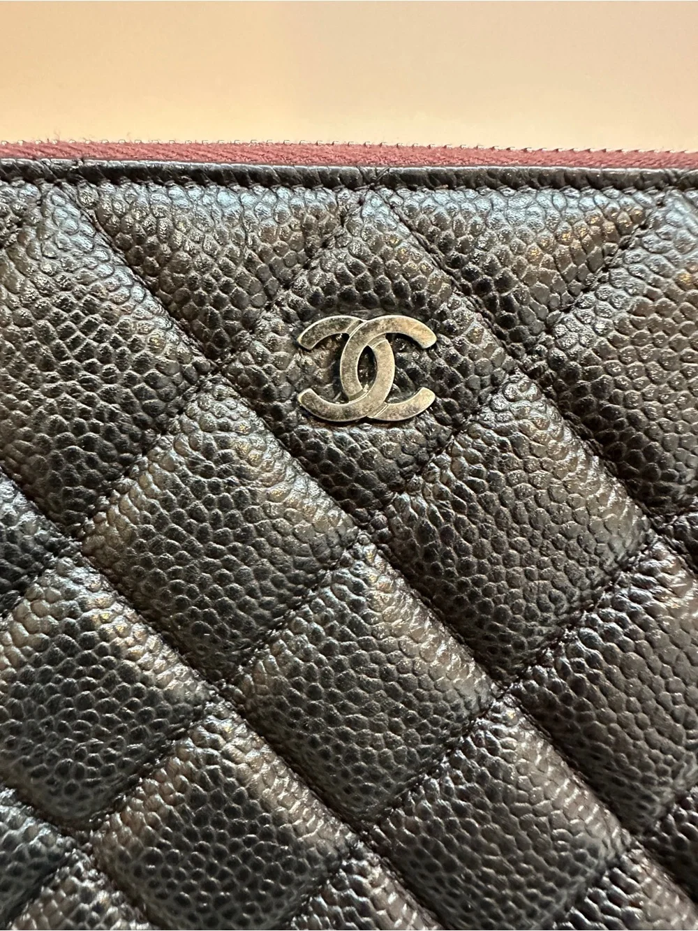 Chanel Large O-Case Black Caviar Leather Quilted Zip Pouch Burgundy Interior